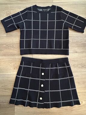 Rachel Zoe Knit 2 Piece Set Windowpane Crop Top Mini Skirt L